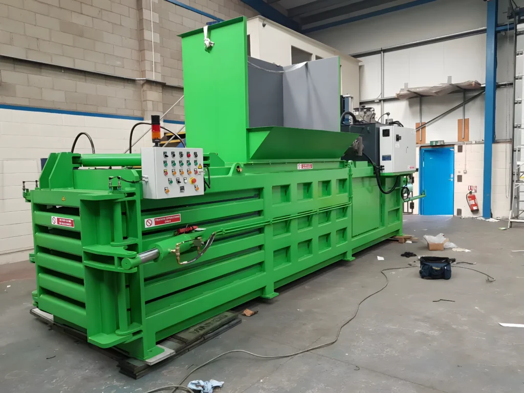 Una empacadora horizontal semiautomática de gran tamaño y color verde en una fábrica. La empacadora se utiliza para comprimir materiales reciclables en pacas compactas.