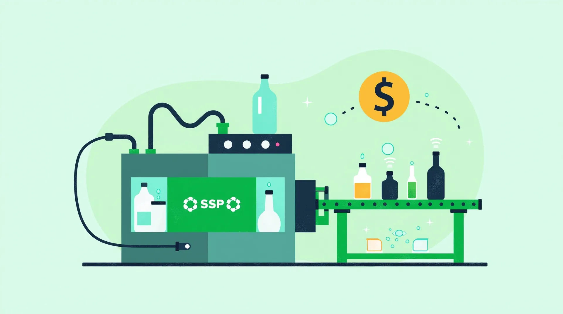 Ilustración de una línea de producción de embotellado automatizada con símbolo de moneda