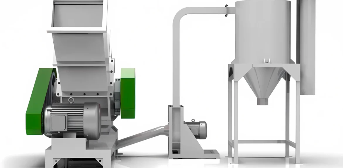 Industrial horizontal crusher for PVC pipes and profiles, featuring a large hopper and connected dust extraction system with a cyclone separator.