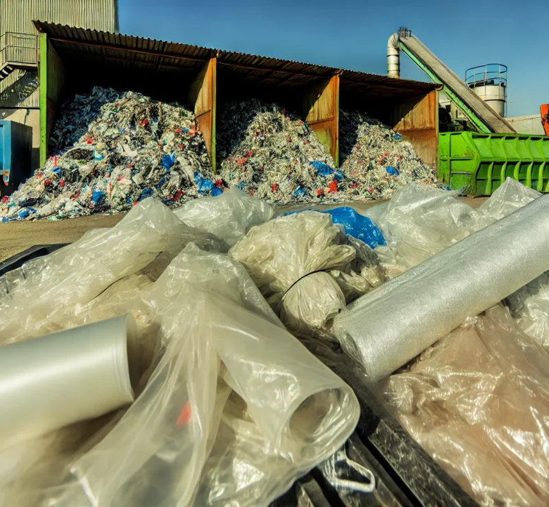 Průmyslové recyklační zařízení zpracovává velké množství plastového odpadu