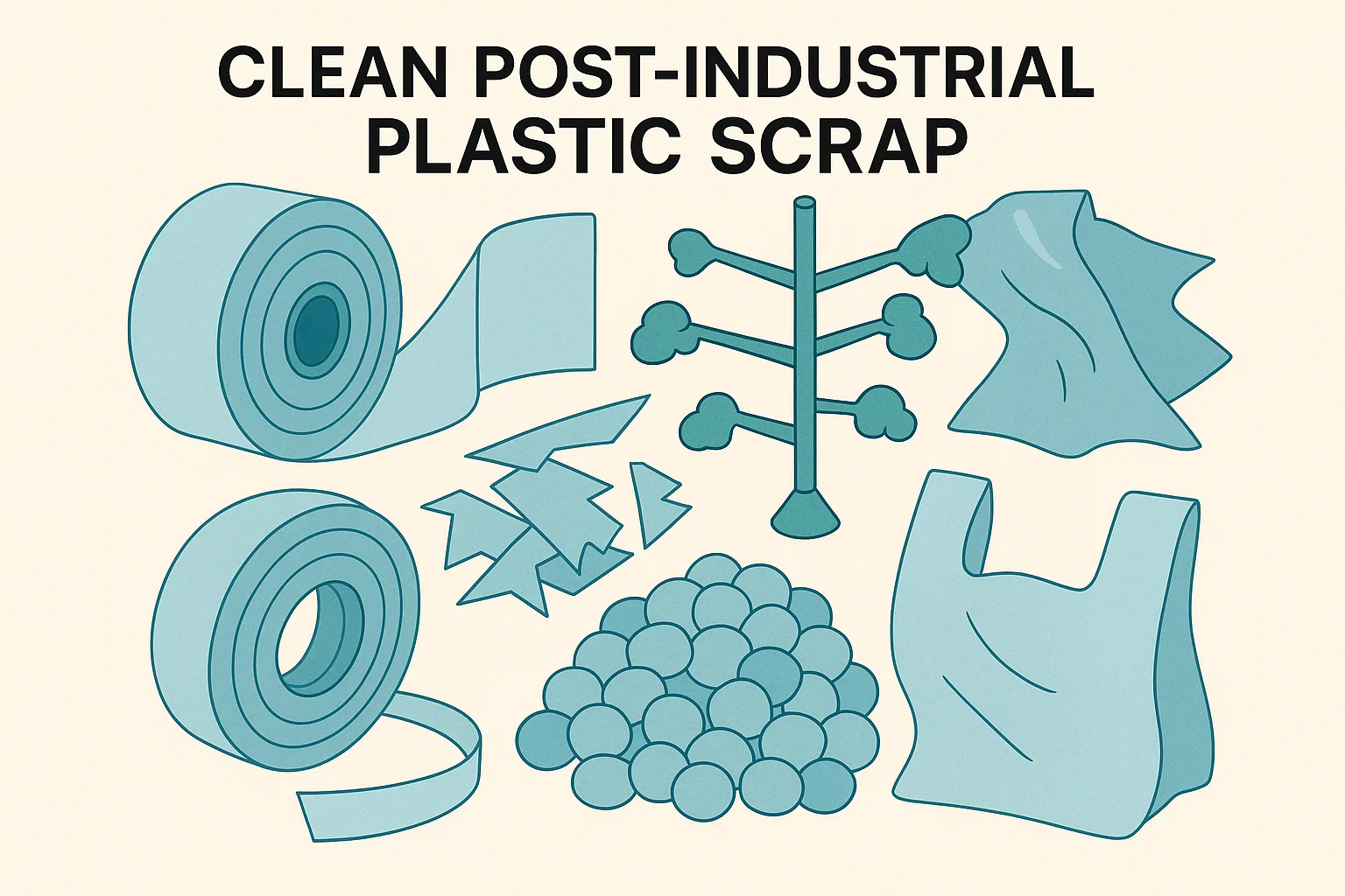 Een collage die verschillende soorten schone, post-industriële plastic afvalsoorten toont zoals filmrollen, injectiegieterij lopers en zaksnijden.