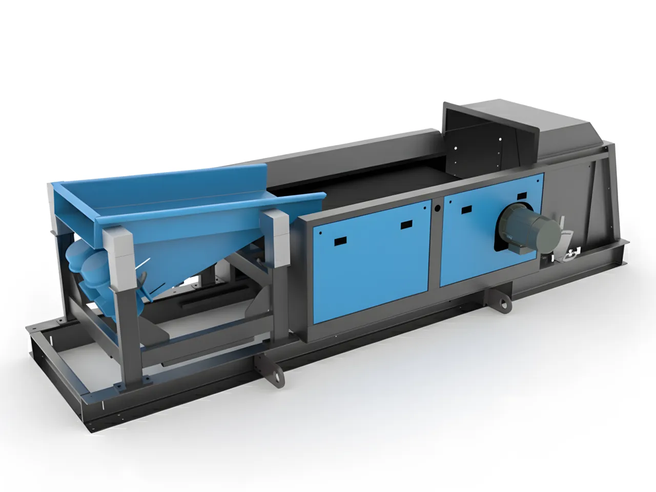 Visão lateral de uma máquina industrial de separação por corrente de Foucault, com um prateleiro de alimentação vibratório azul e uma caixa principal escura com painéis de acesso azuis.
