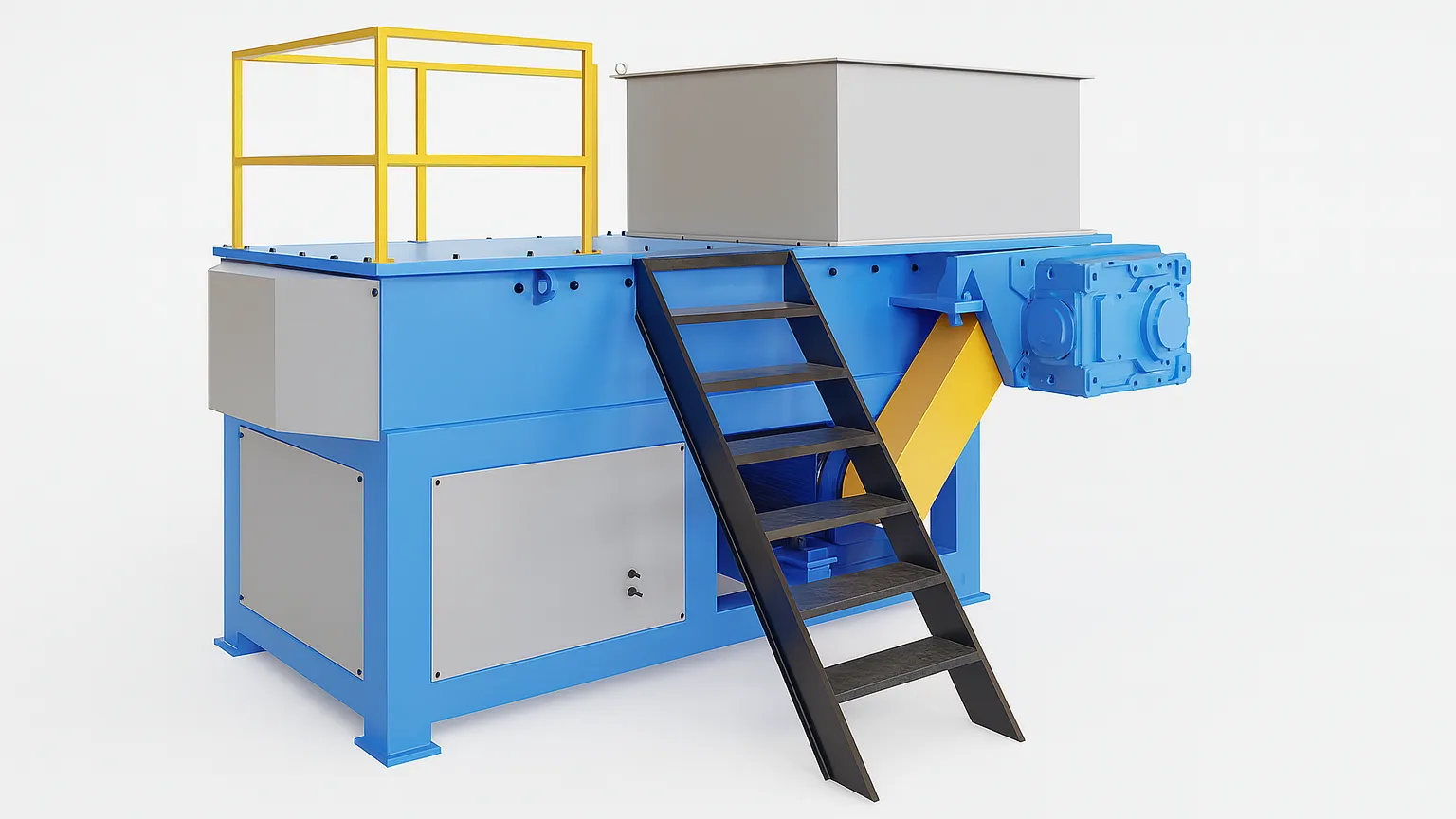 A heavy-duty single-shaft shredder featuring a fixed hopper, an access platform with yellow safety railings, and a powerful direct-drive gearbox.