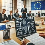 un ambiente aziendale con scrivanie e computer, incentrato su una discussione seria sulle nuove normative UE. Mostra un documento digitale etichettato "Regolamento UE" con un simbolo di tubi in PVC e un cartello di avvertimento sul piombo. Includi diversi professionisti aziendali in un ambiente d'ufficio moderno, con una bandiera dell'Unione Europea discretamente sullo sfondo.