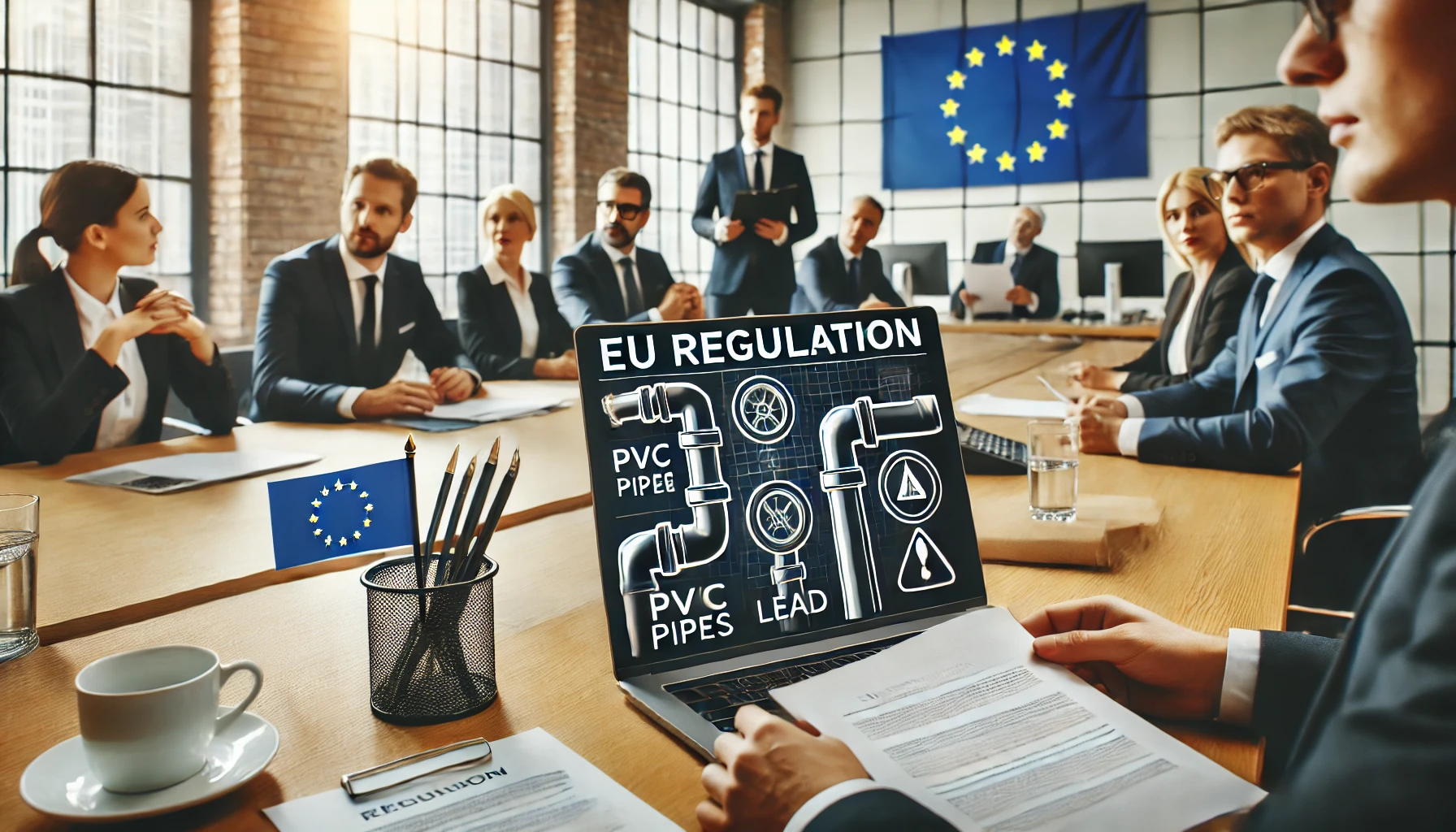Un entorno empresarial con escritorios de oficina y computadoras, centrado en un debate serio sobre las nuevas regulaciones de la UE. Muestre un documento digital con la etiqueta "Reglamento de la UE" con un símbolo de tuberías de PVC y una señal de advertencia sobre el plomo. Incluya a diversos profesionales de negocios en un entorno de oficina moderno, con una bandera de la Unión Europea sutilmente en el fondo.