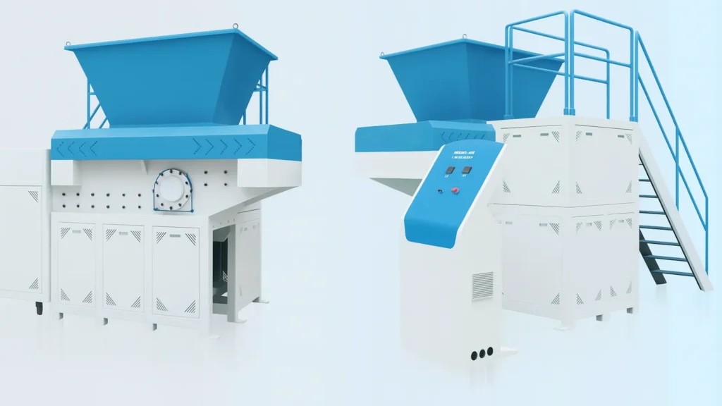 Deux vues d'un broyeur industriel monorotor conçu pour matériaux souples et films plastiques, montrant la trémie d'alimentation, le panneau de contrôle et la plateforme d'accès.