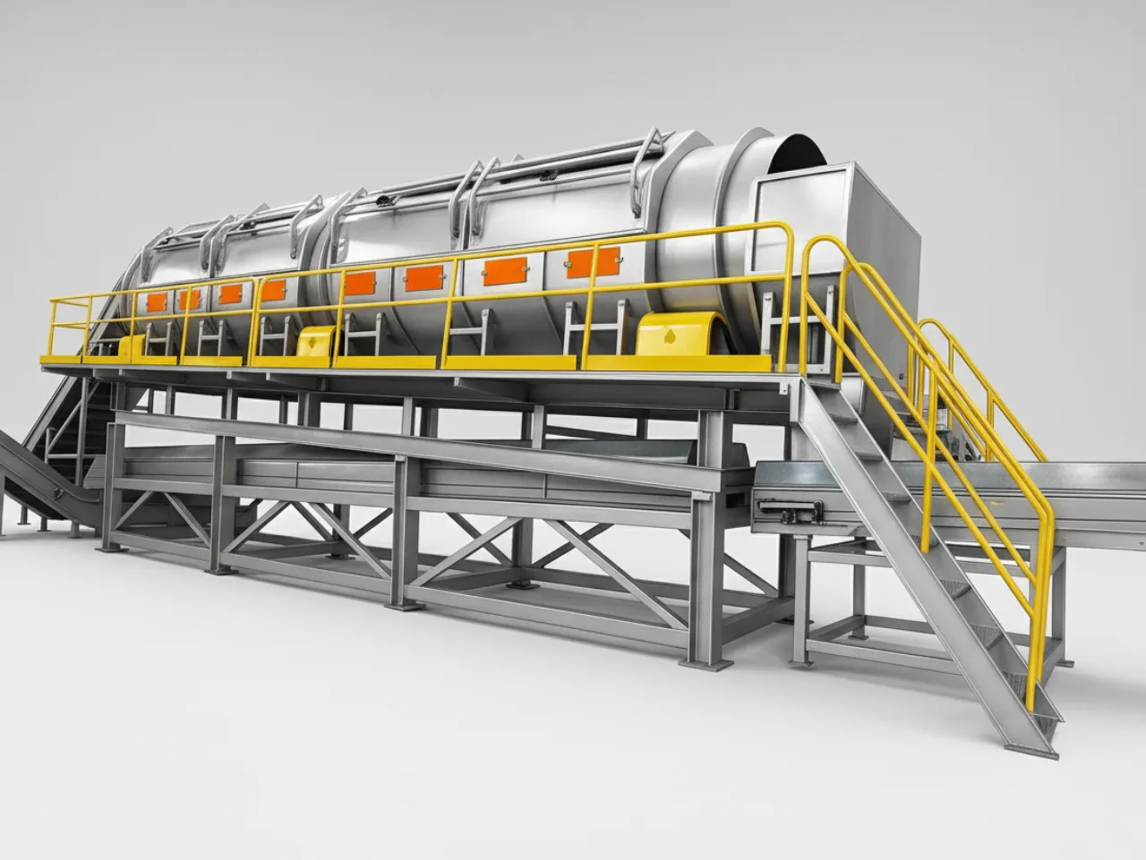 A large, industrial trommel screen for recycling, featuring a long, elevated silver rotating drum, a grey support frame, and a yellow access walkway with stairs.
