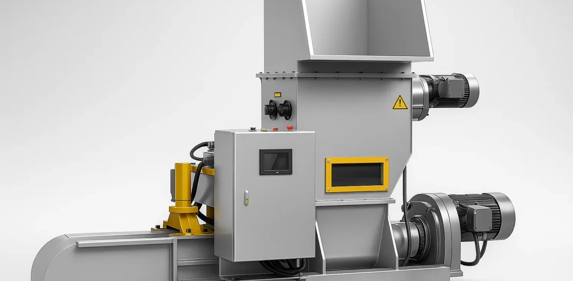An industrial EPS foam hydraulic compactor, also known as a cold press densifier, used to compress styrofoam waste into dense blocks for recycling.