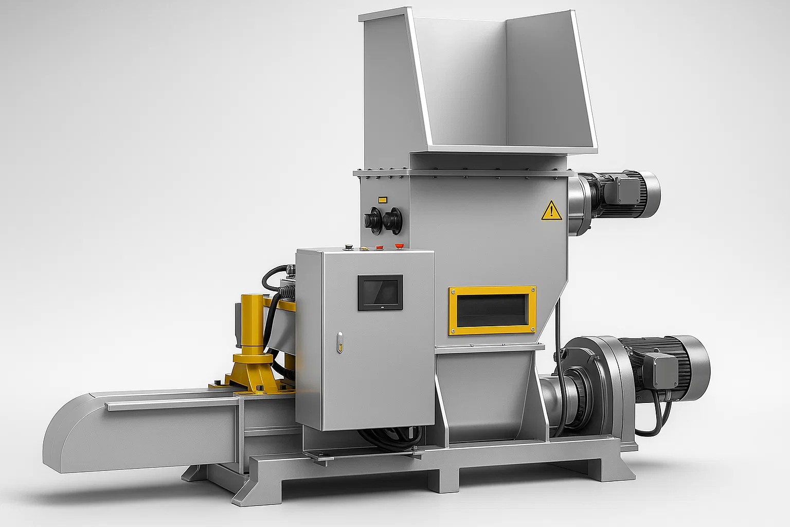 Un compactor hidraulic industrial din spumă EPS, cunoscut și sub denumirea de densificator prin presare la rece, utilizat pentru comprimarea deșeurilor de polistiren în blocuri dense pentru reciclare.