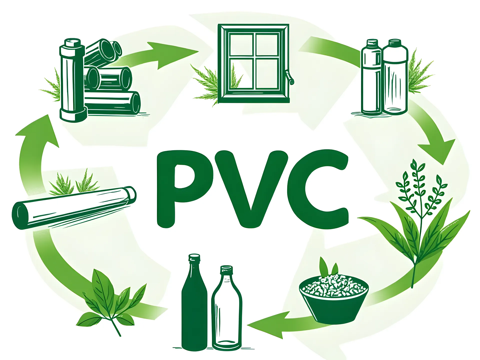 Toon een duidelijke cirkelvormige stroom van PVC-materialen, zoals buizen, kozijnen en flessen, die worden verzameld, versnipperd, gesmolten en opnieuw gevormd tot nieuwe producten. Gebruik eenvoudige pictogrammen of symbolen om elke recyclingfase weer te geven. Voeg een schone, milieuvriendelijke achtergrond toe met groene tinten, planten en milieusymbolen om duurzaamheid te benadrukken. Maak de beelden modern en eenvoudig, met als doel om te informeren over de positieve impact van PVC-recycling op het milieu.
