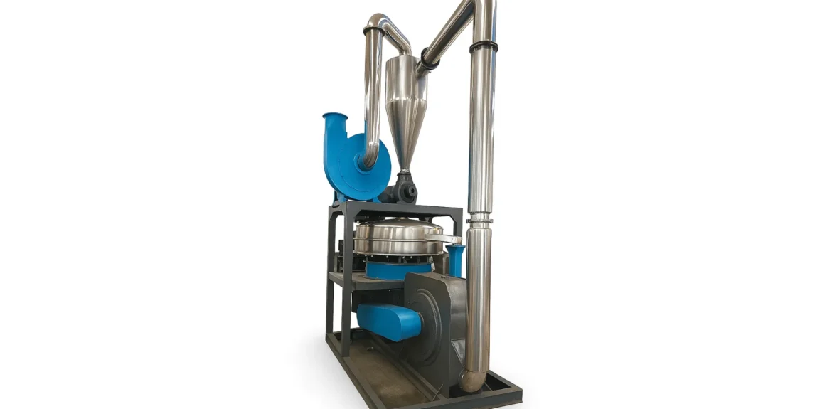 An industrial PVC pulverizer system, including a milling unit, vibratory sieve, and cyclone separator, for recycling scrap into fine powder.