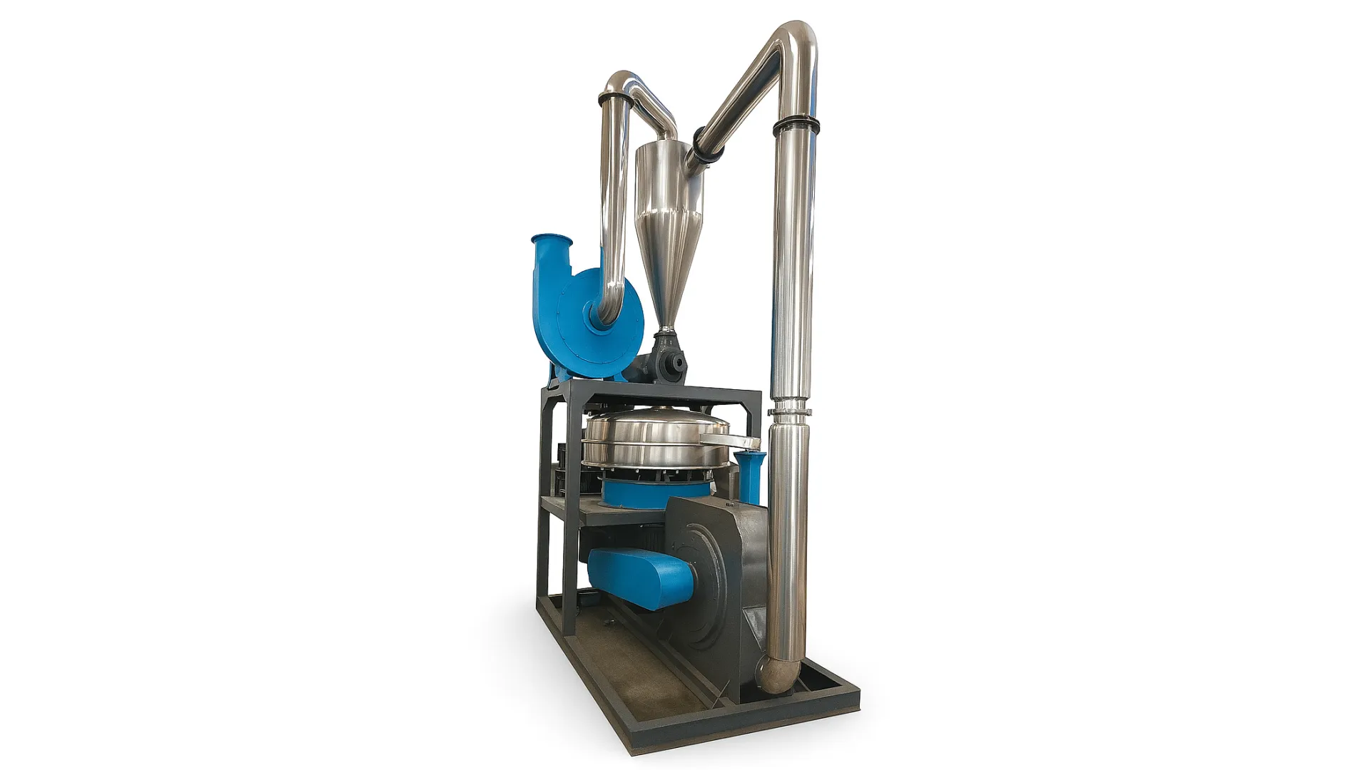 Système industriel de pulvérisation PVC incluant une unité de broyage, tamis vibrant et séparateur cyclonique, destiné au recyclage des chutes en poudre fine.