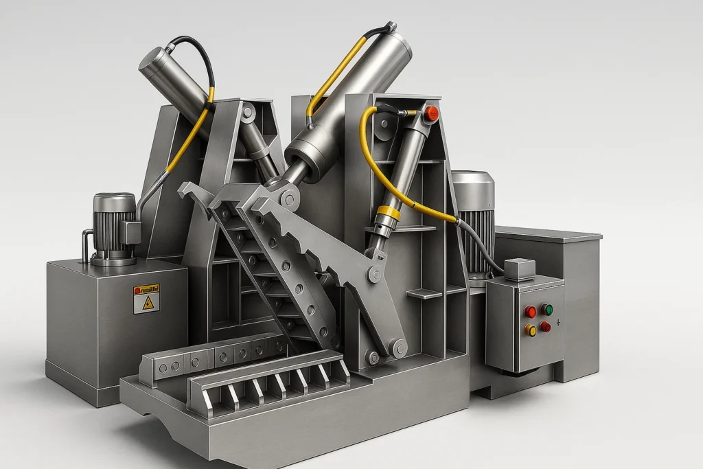 A heavy-duty hydraulic tire cutting machine with powerful shearing jaws, used to cut whole waste tires into smaller pieces for recycling.