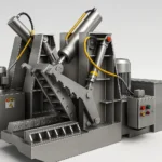 A heavy-duty hydraulic tire cutting machine with powerful shearing jaws, used to cut whole waste tires into smaller pieces for recycling.