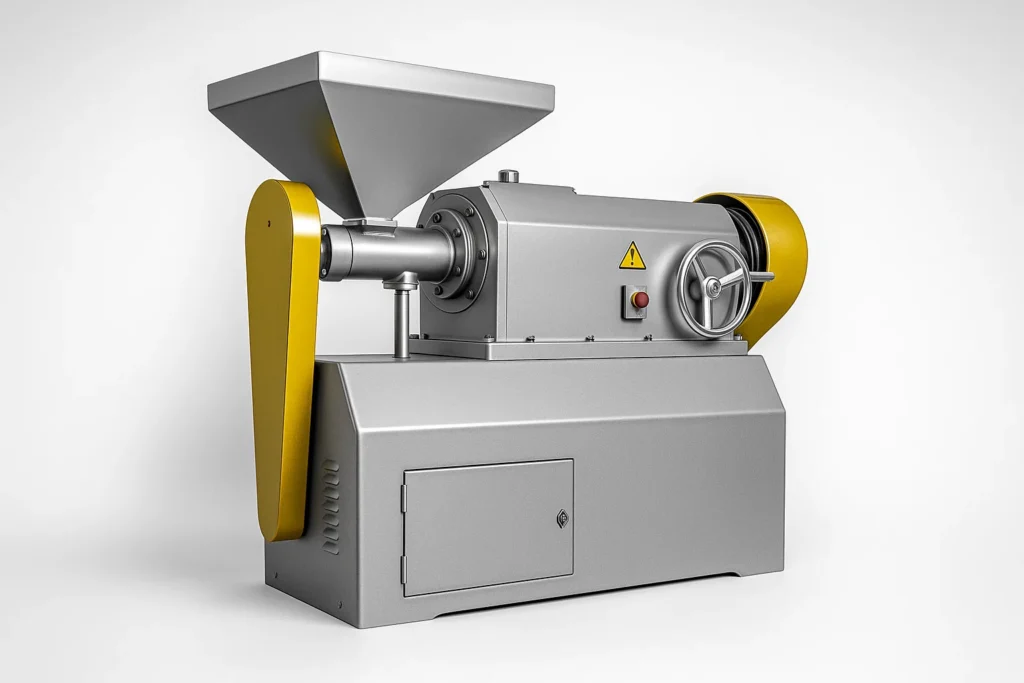 An industrial rubber pulverizer machine used in tire recycling to grind rubber chips into fine crumb rubber powder.