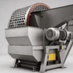 Una macchina per la triturazione di pneumatici ad alta resistenza, dotata di una grande tramoggia di alimentazione, un motore potente e un setaccio rotante a tamburo per classificare i pezzi di pneumatici triturati in base alle dimensioni.