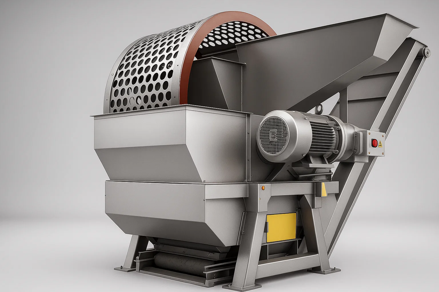 Une machine de déchiquetage de pneus robuste dotée d'une grande trémie d'alimentation, d'un moteur puissant et d'un tamis rotatif attaché pour classer les morceaux de pneus déchiquetés par taille.