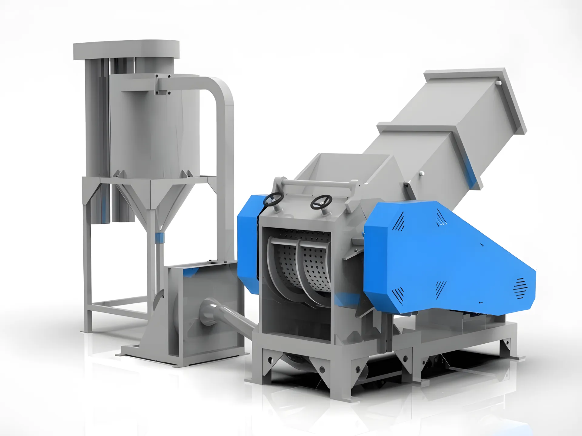 Ein horizontaler Brecher und Granulator für PVC-Rohre und -Profile, abgebildet mit seinem Zyklon-Sammelsystem für verarbeitetes Material.