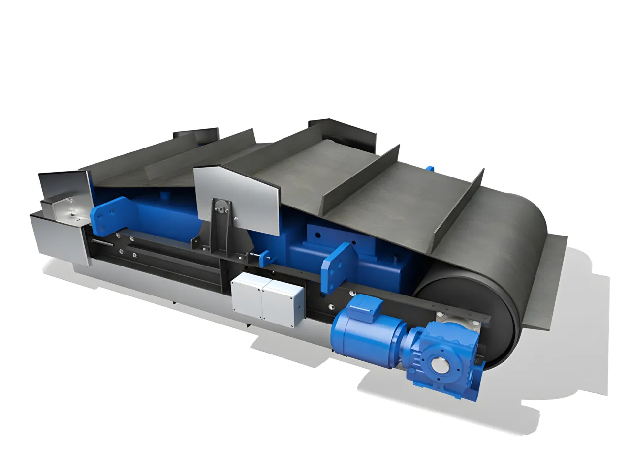 A render of a suspended overband magnetic separator (iron remover), showing its blue frame, black self-cleaning belt, and motor