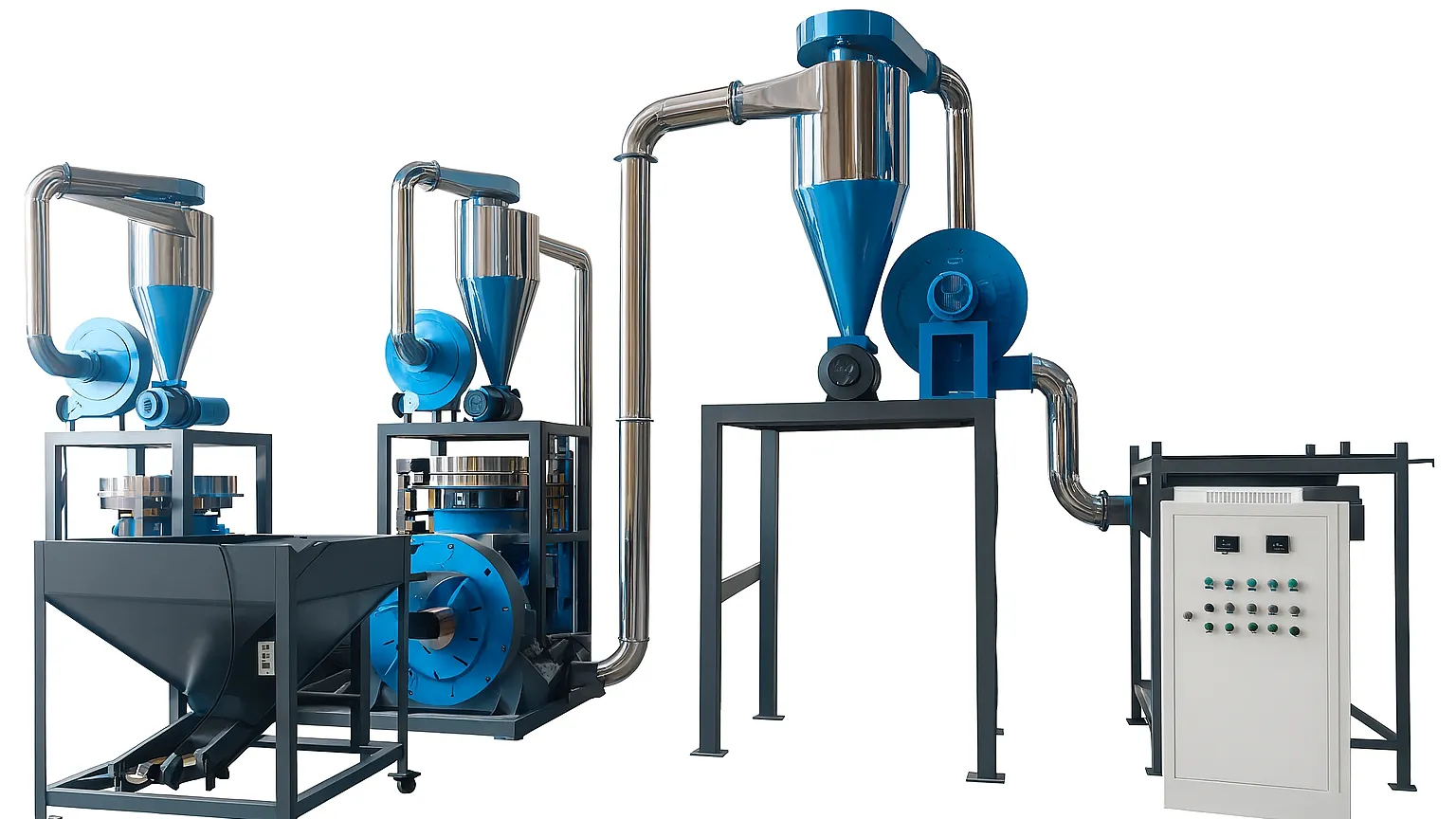Ein groß angelegtes PVC-Pulverisiersystem mit hohem Durchsatz, mehreren Mahllinien, Zyklonabscheidern und einem zentralen Bedienfeld für die Feinpulverproduktion.