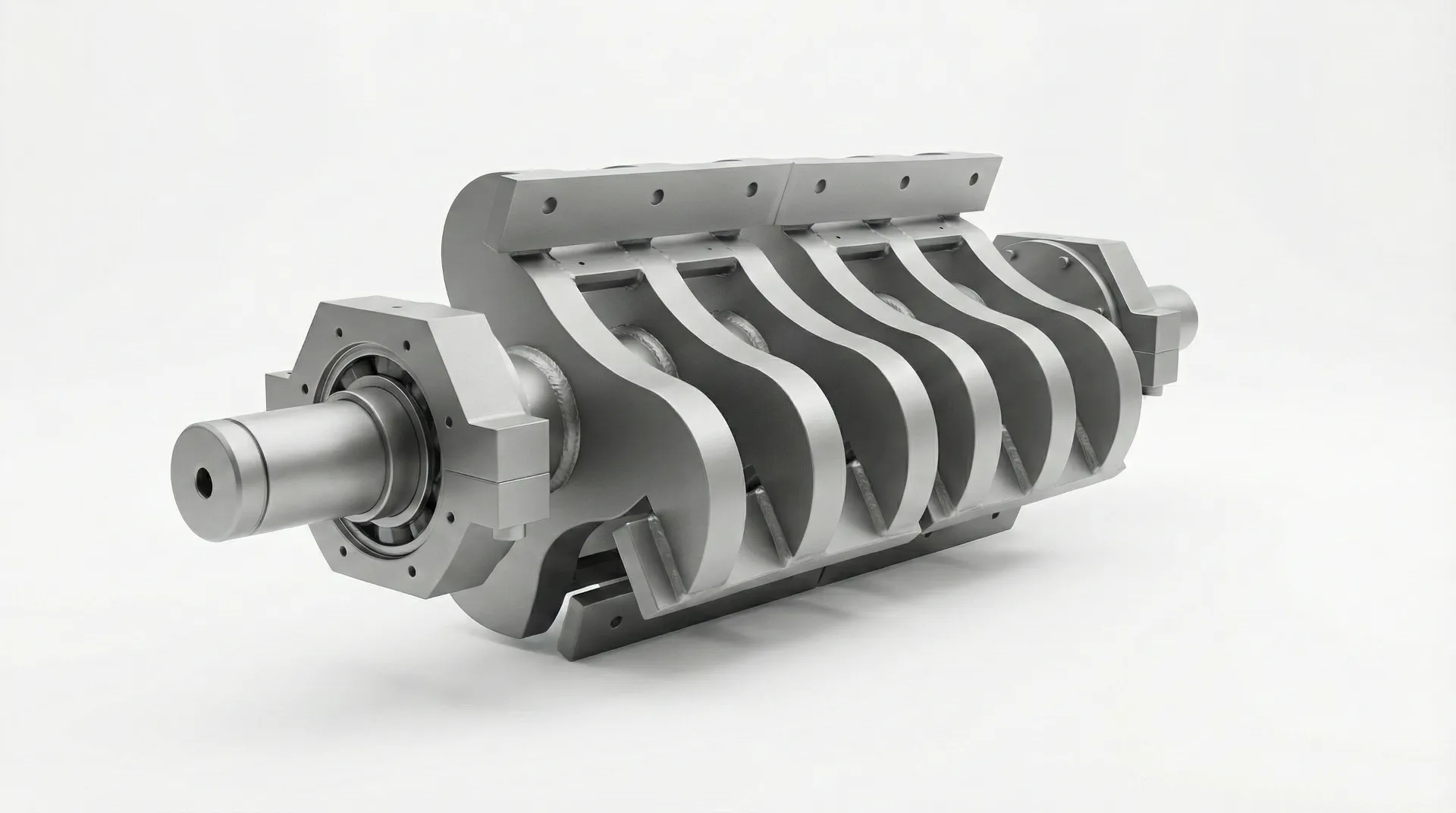 Close-up of the wear-resistant blades inside the shredder-granulator's cutting chamber.