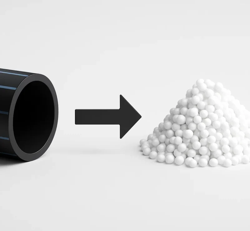 Links ein Abschnitt eines großen, schwarzen HDPE-Industrierohrs. Ein schlanker Pfeil zeigt nach rechts auf einen ordentlichen Haufen kleiner, strahlend weißer recycelter Kunststoffpellets.