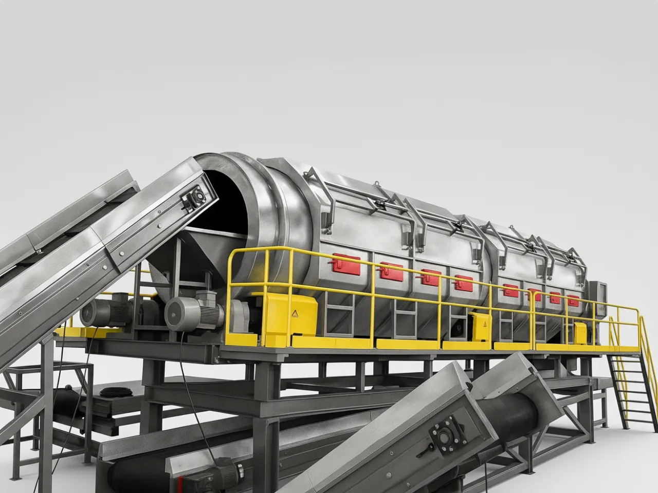 A side profile of a large, industrial MSW (Municipal Solid Waste) sorting machine, featuring an elevated silver trommel screen, yellow safety railings, and multiple conveyor belts.