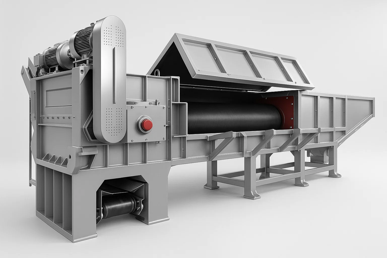 An industrial-grade single-shaft plastic shredder machine for recycling HDPE (High-Density Polyethylene) pipes, showing its infeed hopper, shredding chamber, and powerful motor system.