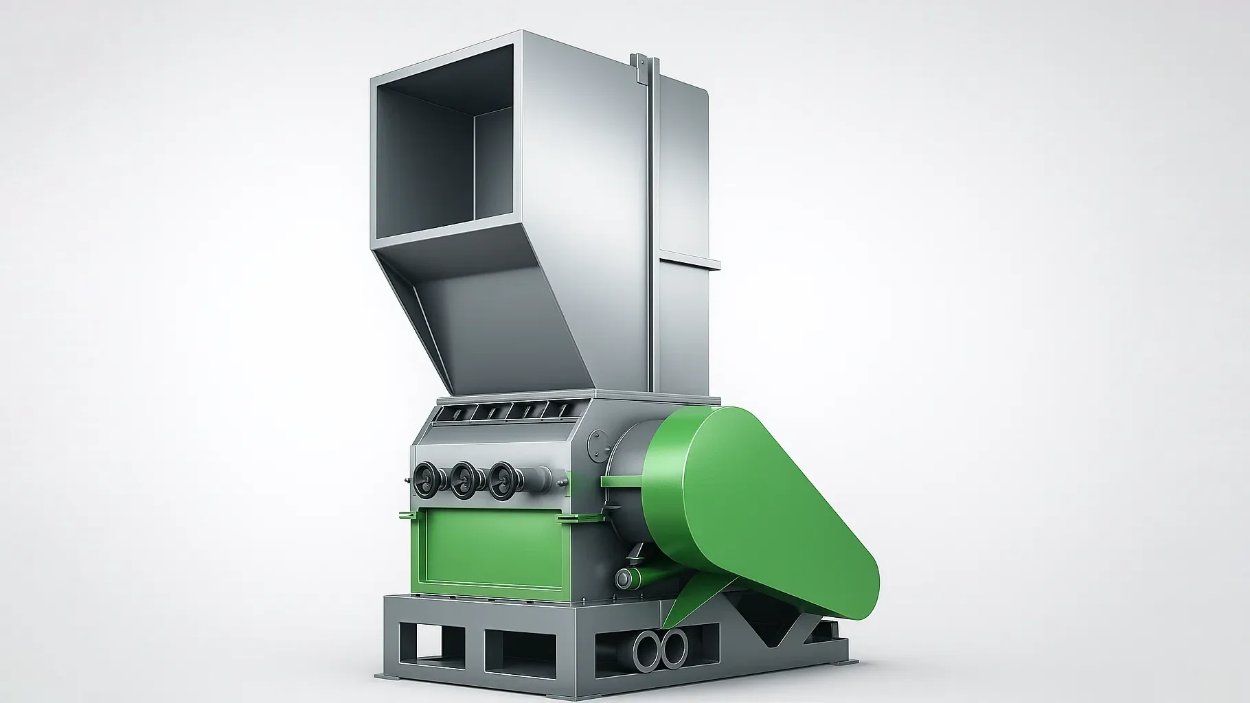 An industrial plastic crusher, with a large feed hopper and green safety guard, used for grinding plastic scrap into reusable granules.