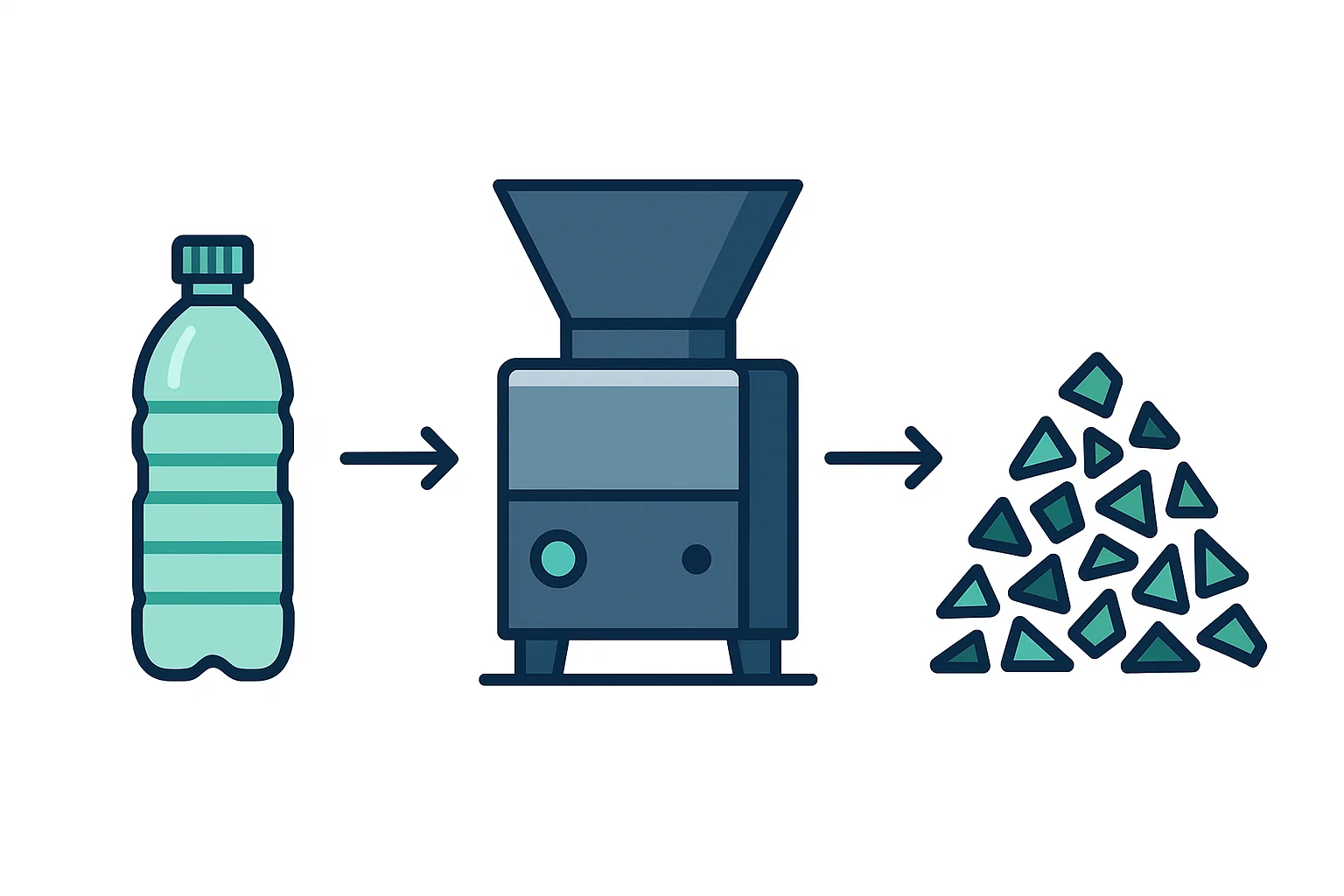Minimalist illustration of a PET bottle crusher machine transforming a plastic bottle into clean, recycled flakes.