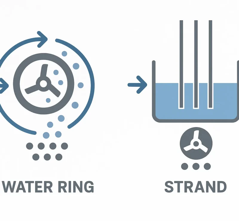 Illustration comparant les systèmes de granulation à anneau d'eau et de granulation à brins refroidis par eau pour la production de PET, montrant les différences visuelles dans le flux de processus et la formation de granulés.