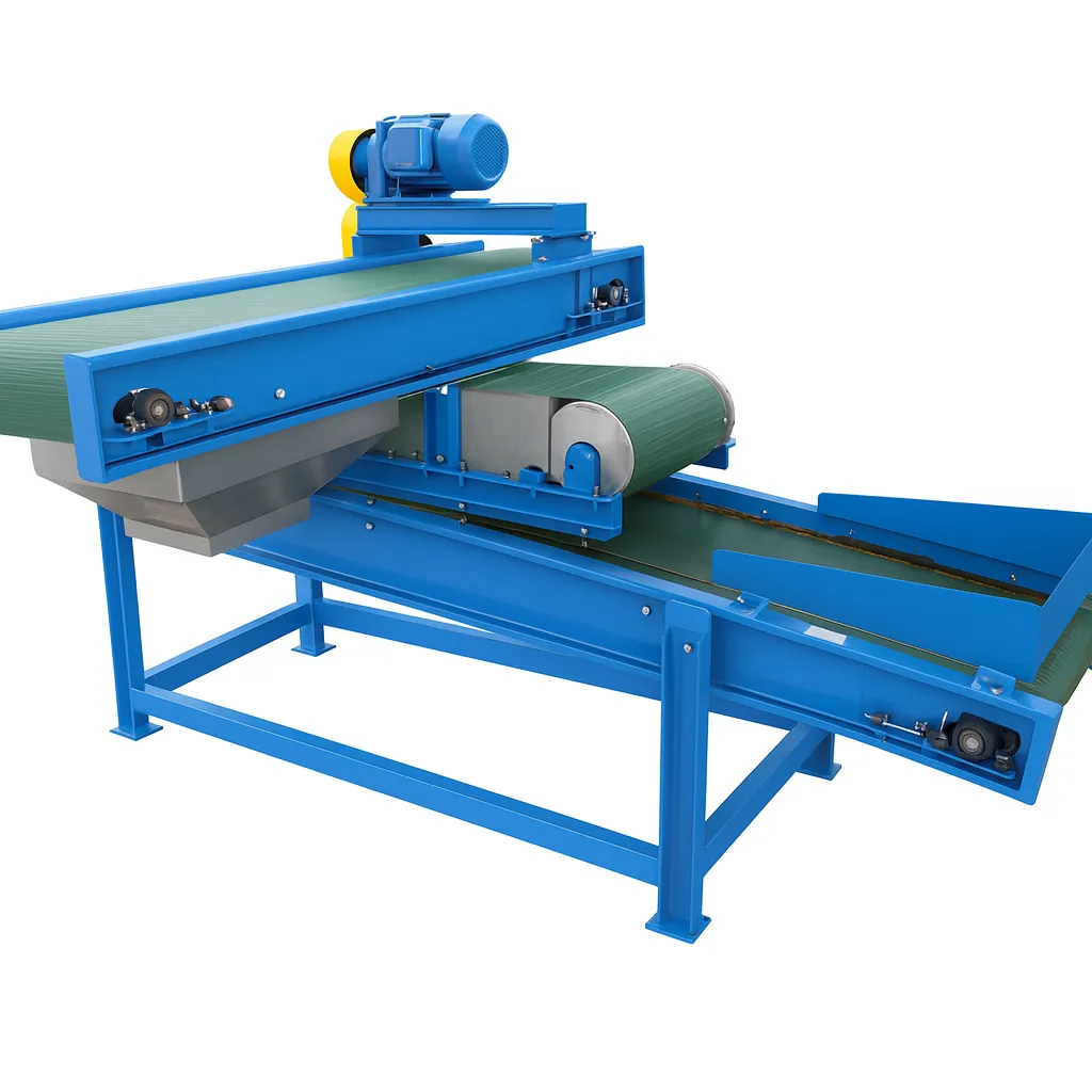 Separator de fier cu bandă Separator magnetic overband cu bandă auto-curățătoare, utilizat pentru îndepărtarea automată a contaminanților metalici feroși dintr-un flux de material de pe un transportor.
