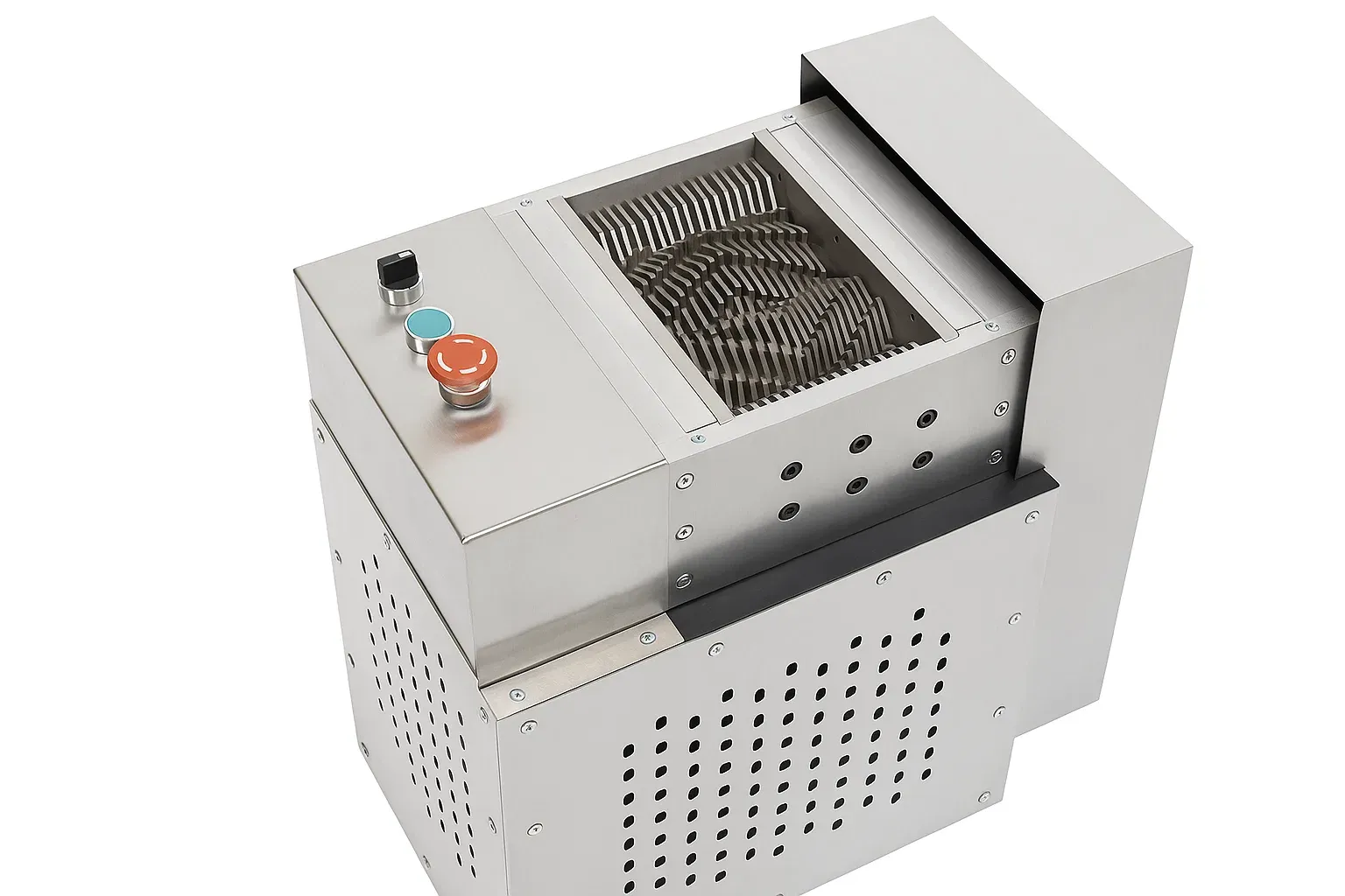 Vizualizare detaliată a lamelor de tăiere ale shredderului compact