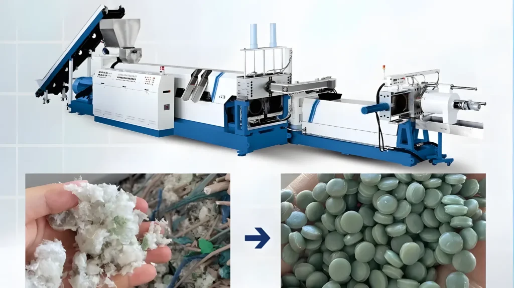 Une ligne complète de granulation à anneau d'eau pour le recyclage des films plastiques, avec une image avant et après montrant la transformation du plastique déchiqueté en granulés uniformes.