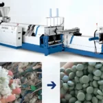Una línea completa de peletización de anillo de agua para reciclar películas de plástico, con una imagen de antes y después que muestra la transformación del plástico triturado en pellets uniformes.