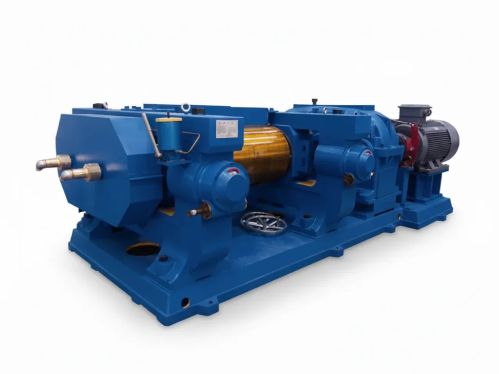 Double Roller Rubber Grinder An industrial two-roll mill, also known as a double roller rubber grinder, used for mixing and compounding rubber materials.