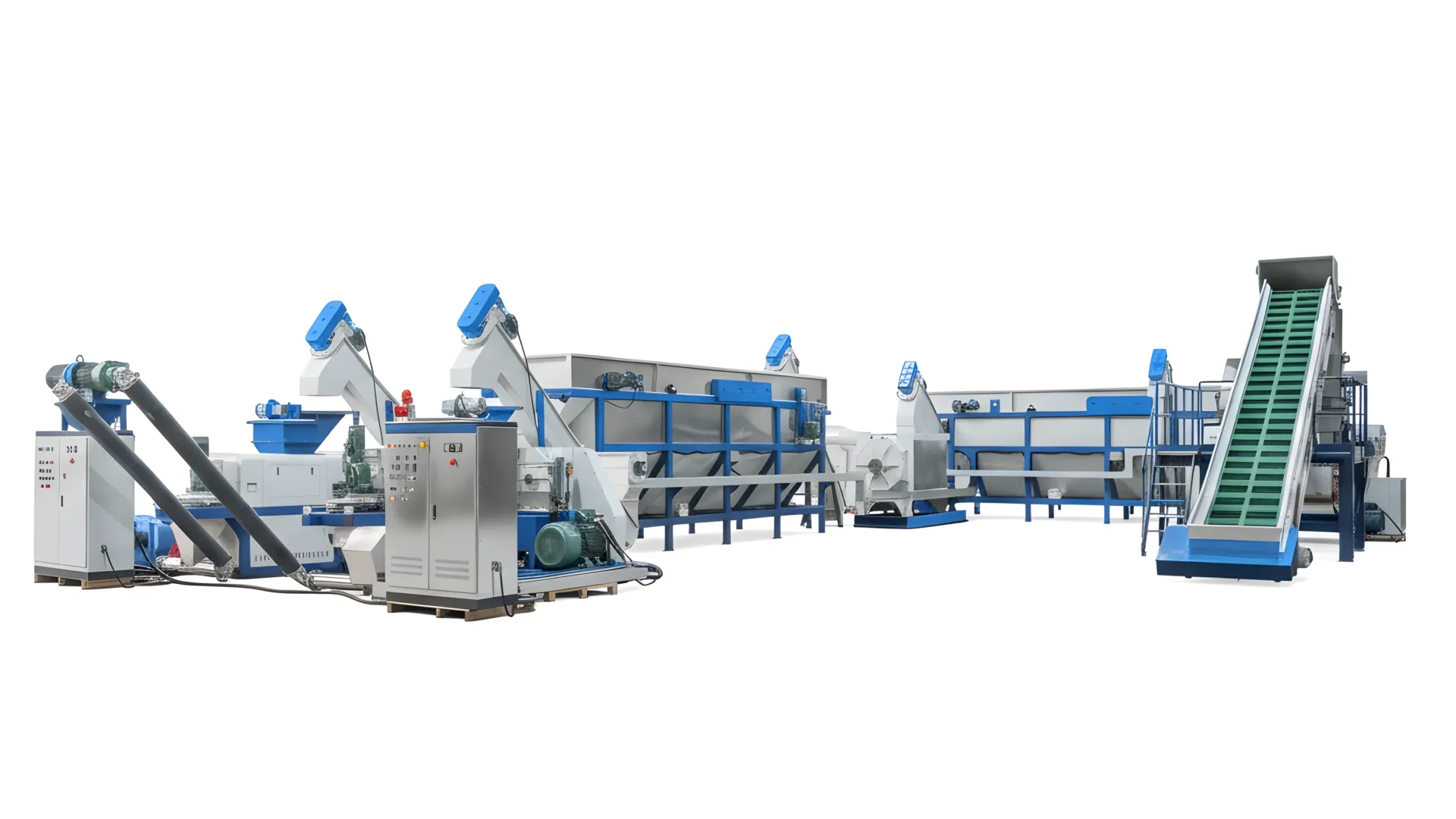 Una linea completa di lavaggio della plastica per il riciclaggio di pellicole e tessuti in PE, che mostra l'intero processo, dal lavaggio e risciacquo alla disidratazione e asciugatura.
