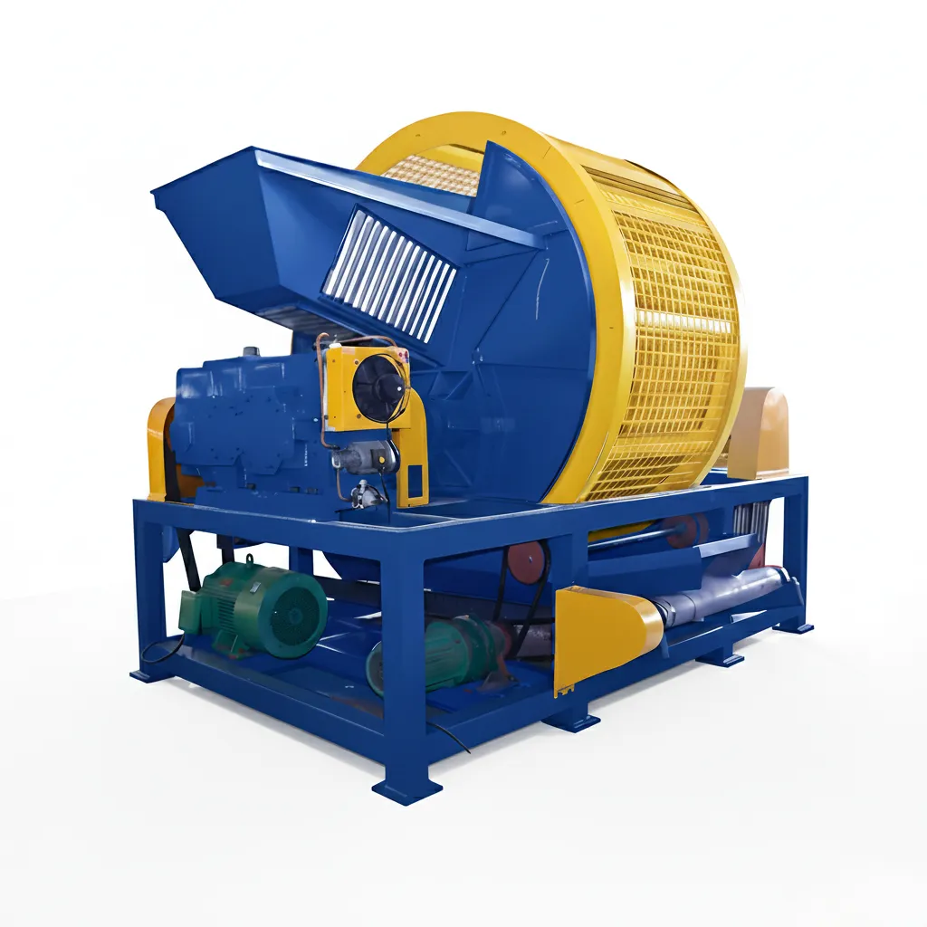 Tire Shredder An industrial tire shredder with an integrated yellow trommel screen, used for shredding and classifying rubber chips for recycling.