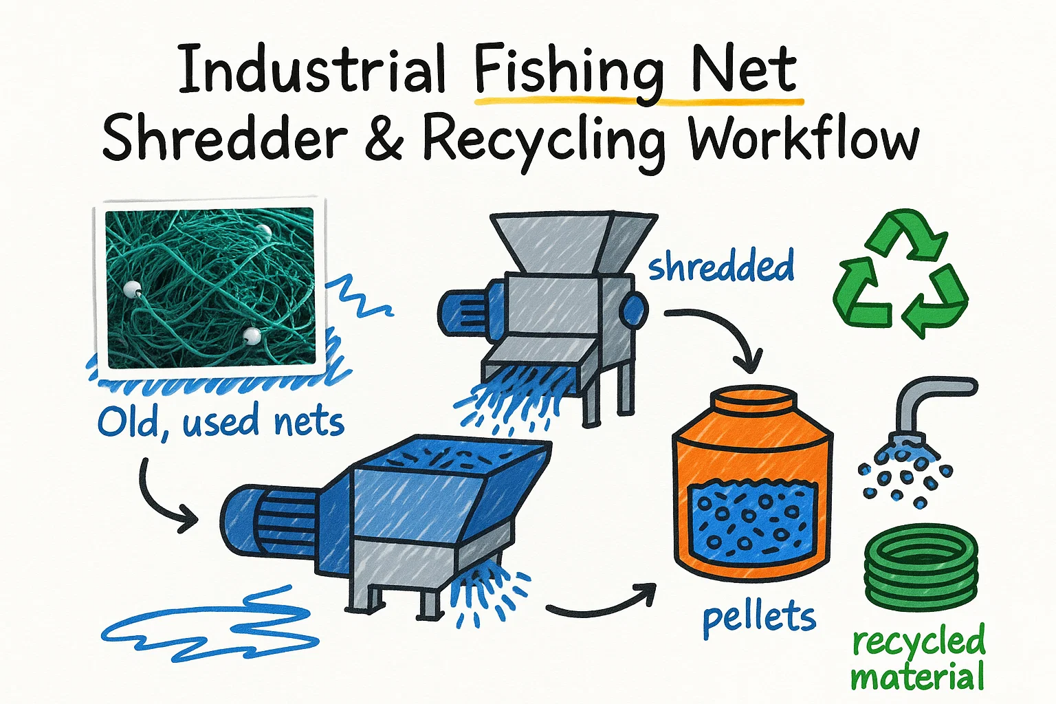 산업용 어망 파쇄 및 재활용 워크플로우