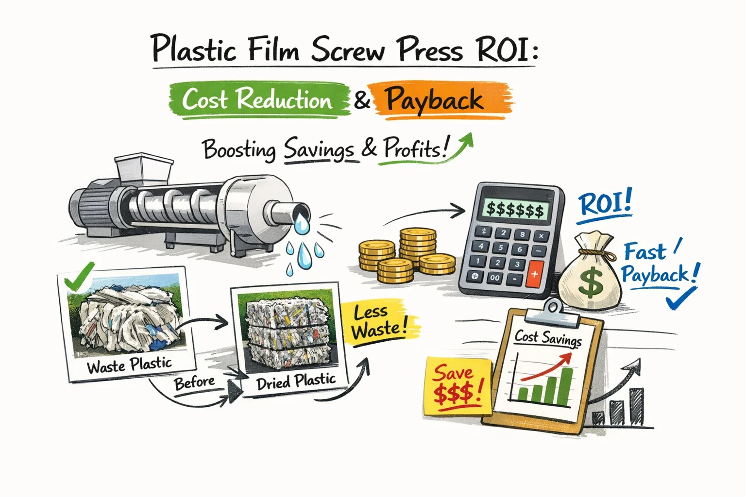 نظام ضغط الأغشية البلاستيكية اللولبية: خفض التكاليف وتحليل العائد على الاستثمار لمحطات إعادة التدوير