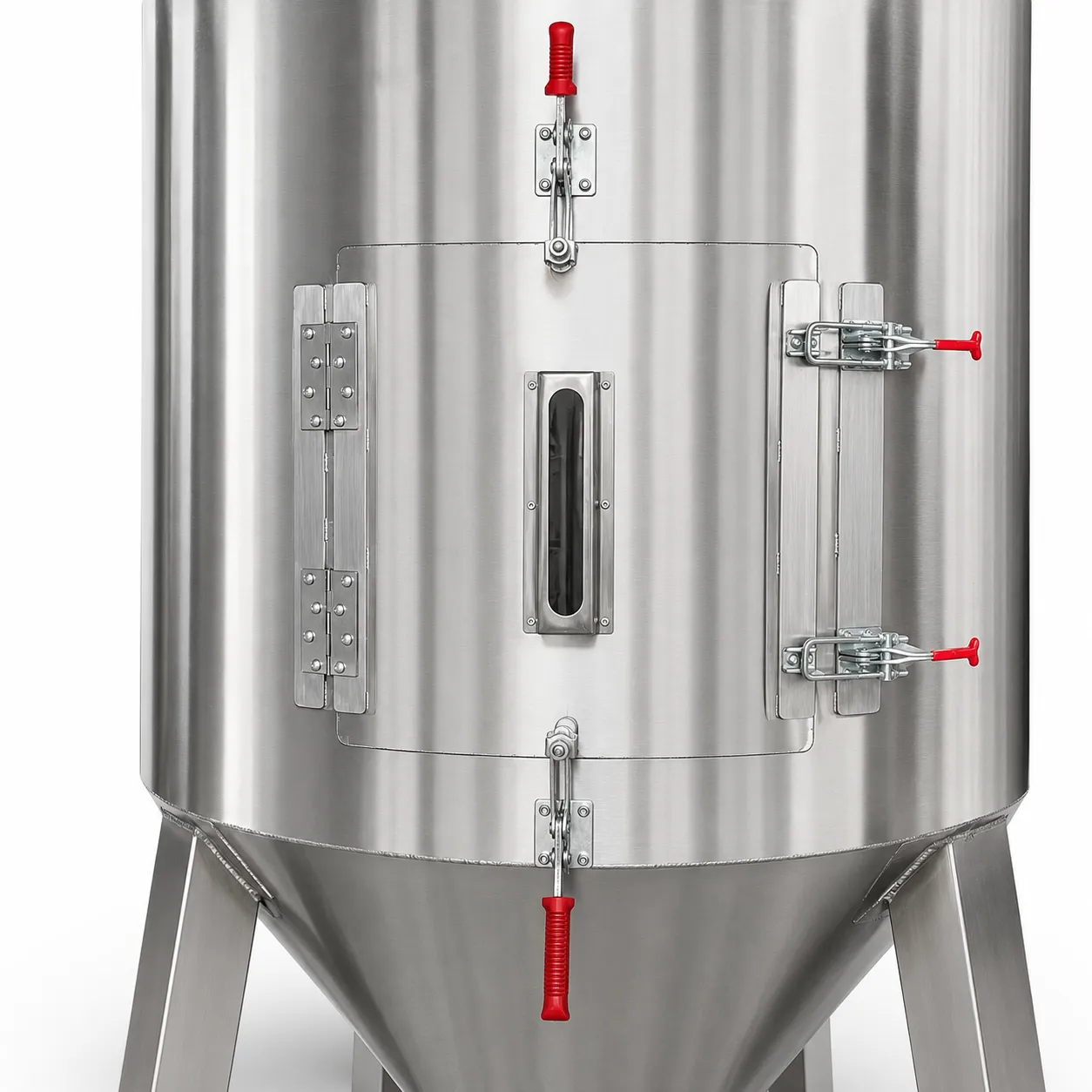 Vertical mixing dryer access door viewing window and latches