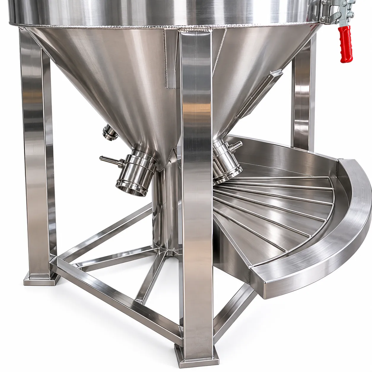 Vertical mixing dryer bottom discharge ports and support frame