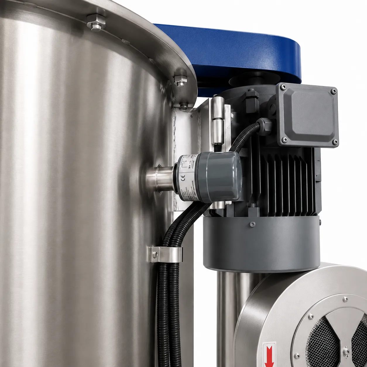 Vertical mixing dryer drive motor and blower detail