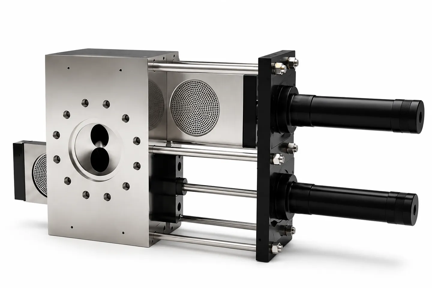 Double-plate hydraulic screen changer for continuous plastic melt filtration