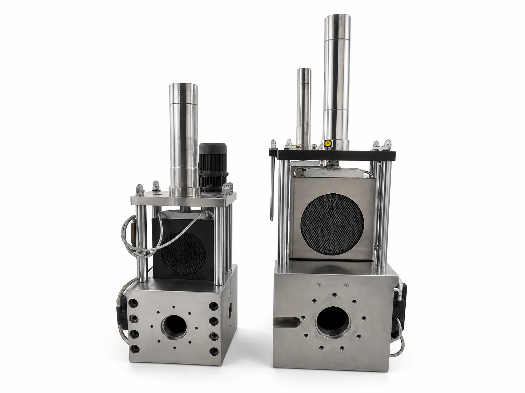 Custom hydraulic screen changer system for plastic recycling extruders