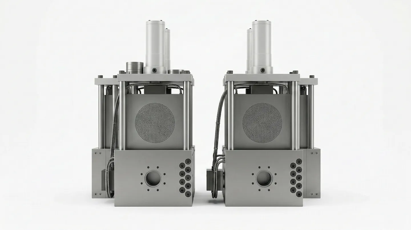 Hydraulic screen changer units with perforated breaker plates for melt filtration