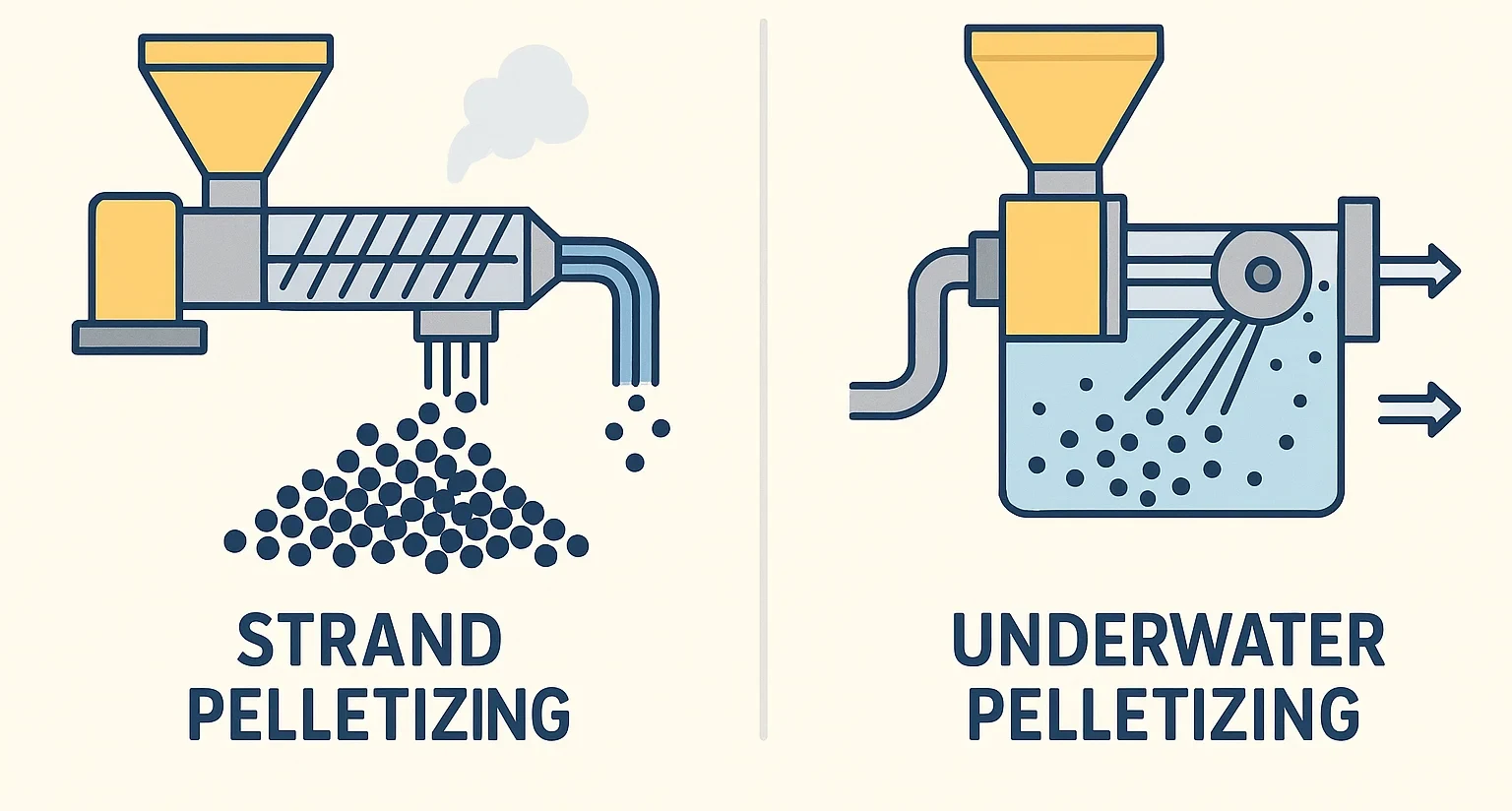 Diagram comparing strand pelletizing and underwater pelletizing for rPET