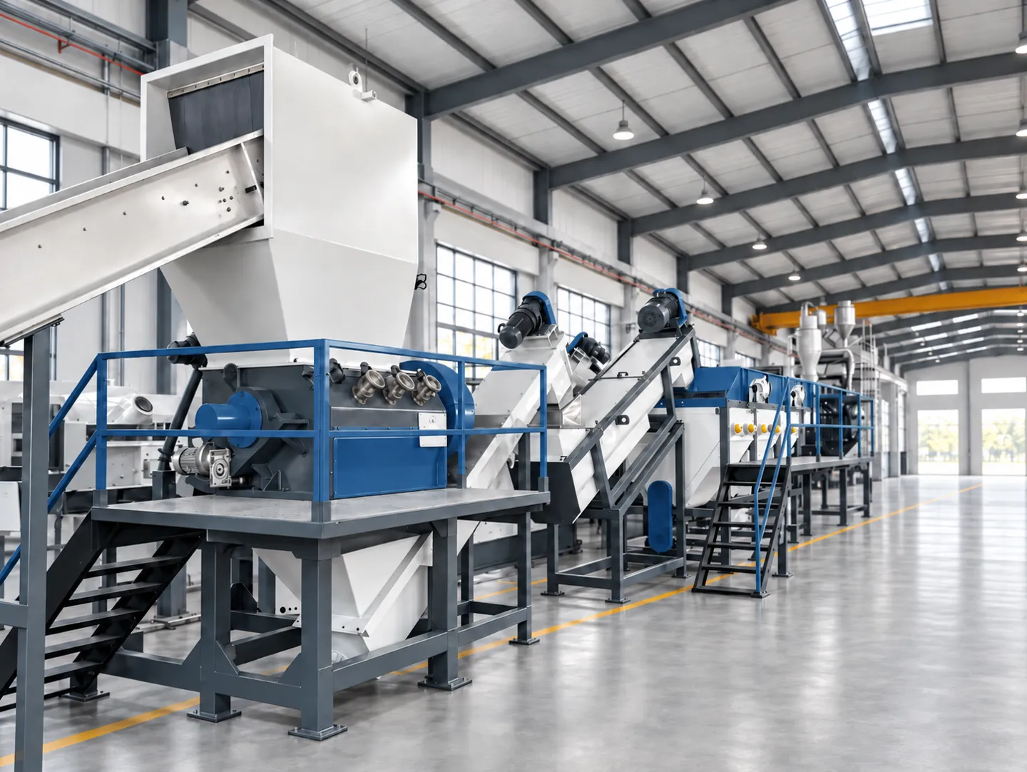 Plastic washing line with shredder, conveyors and washing tanks installed in a factory