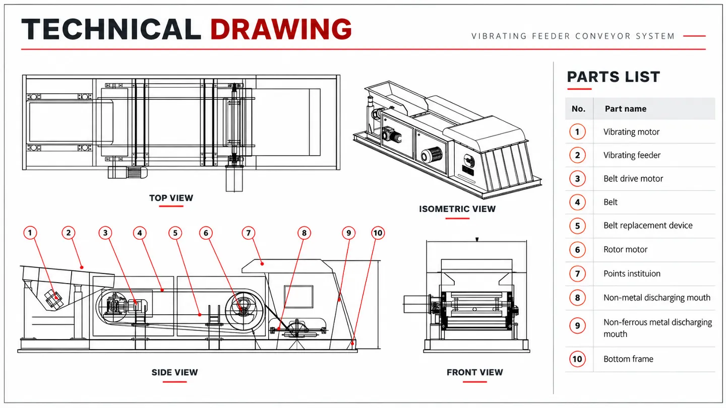 High-recovery eddy current separator technical drawing and dimensions