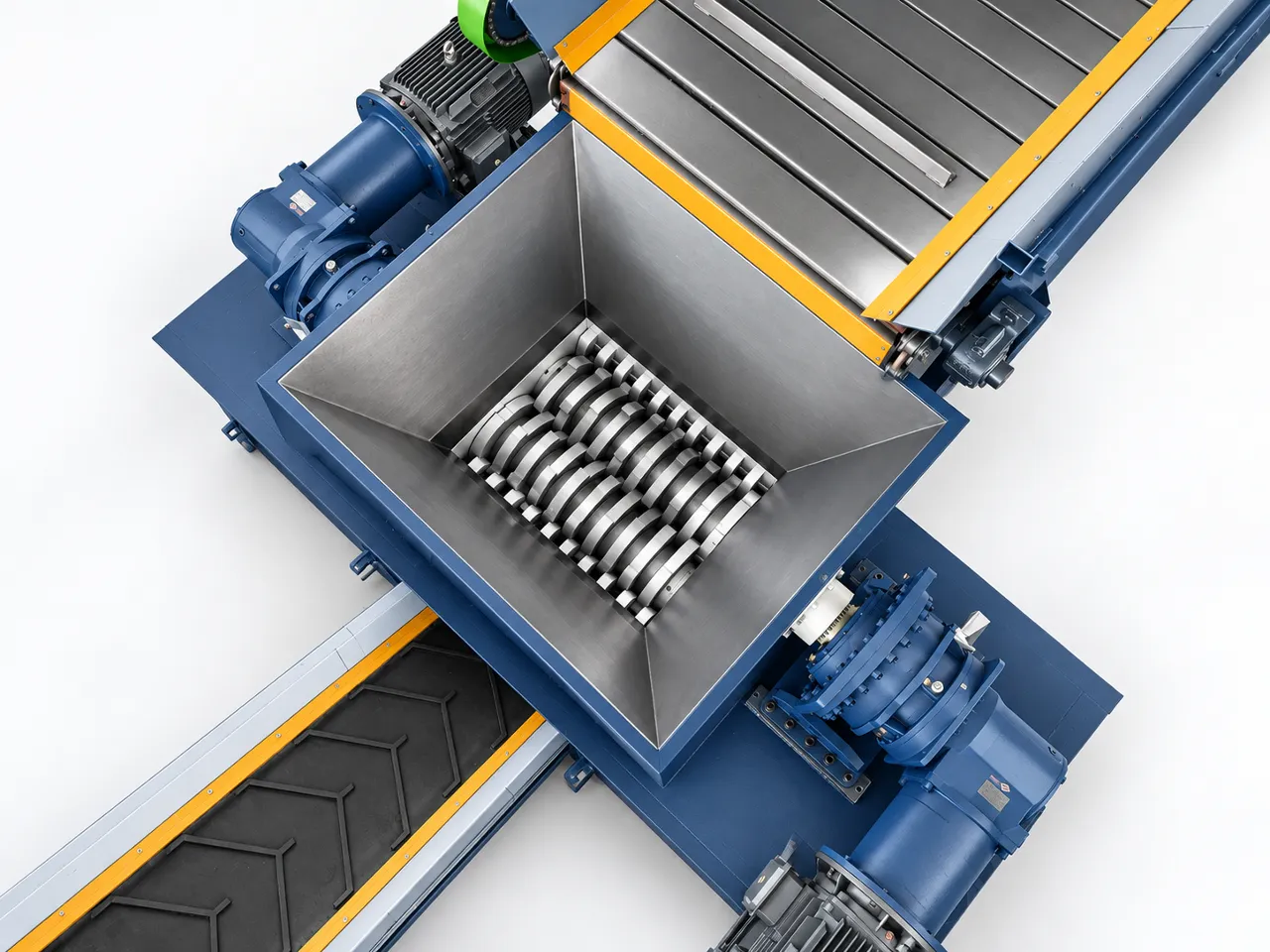 Industrial twin shaft tire shredder cutting chamber and dual drive top view